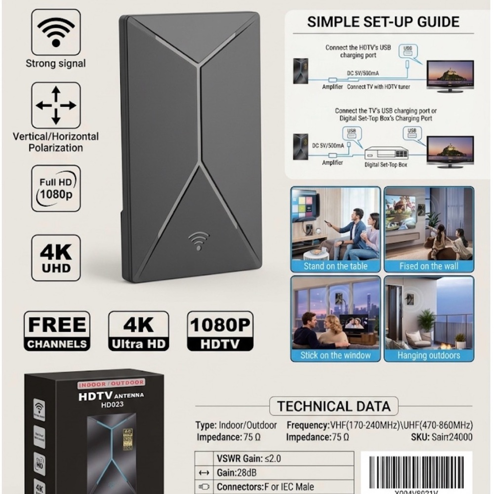 HD023 HDTV Digital Antenna 4K Indoor Outdoor 360° Amplified 28dB Signal Booster